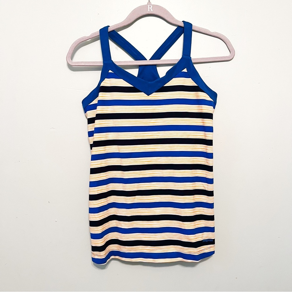 Patagonia Tank Striped Athletic Performance Racerback Tank Sz M EUC Blue Gold